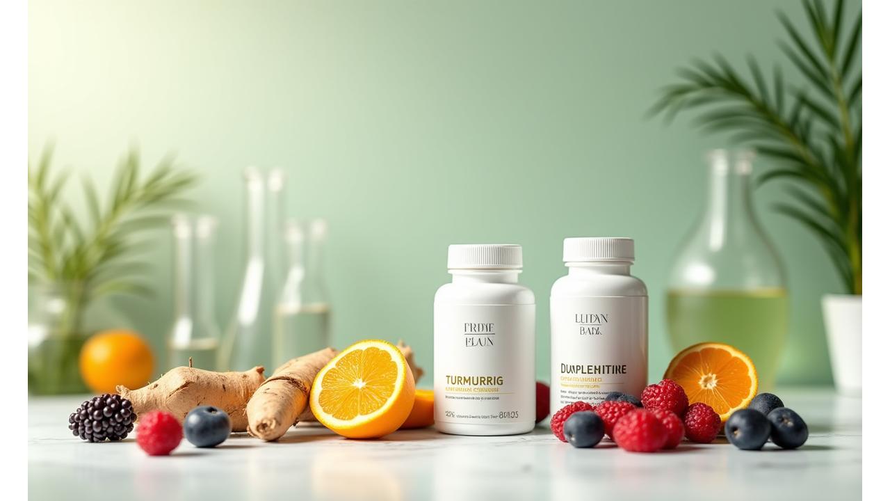 Arrangement of high-quality supplement bottles and fresh ingredients against a calming, natural backdrop, indicating scientific support