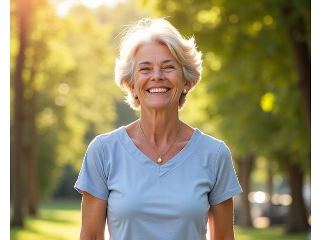 Mature adult walking confidently at a park