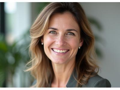 Professional headshot of a warm female psychologist in her 40s