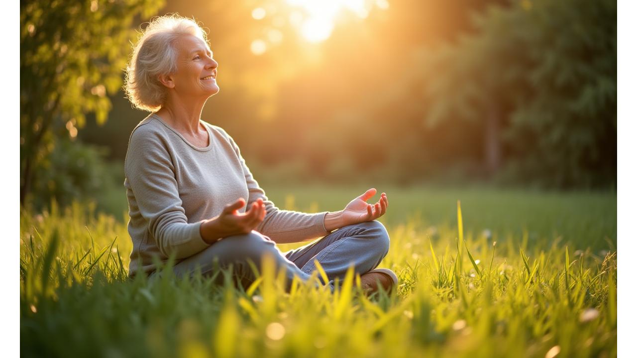 Calm adult meditating in a serene garden with soft sunlight