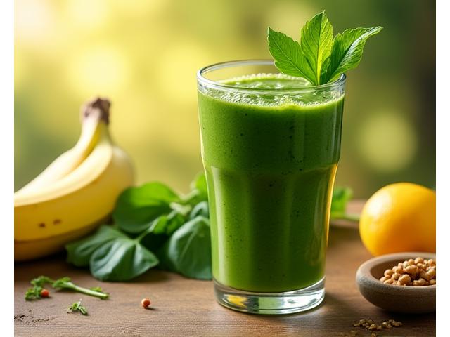 Green smoothie with glowing ingredients, symbolizing energy and vitality.