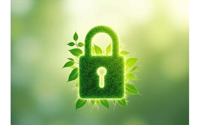 Digital lock with a green leaf, symbolizing privacy and natural wellness